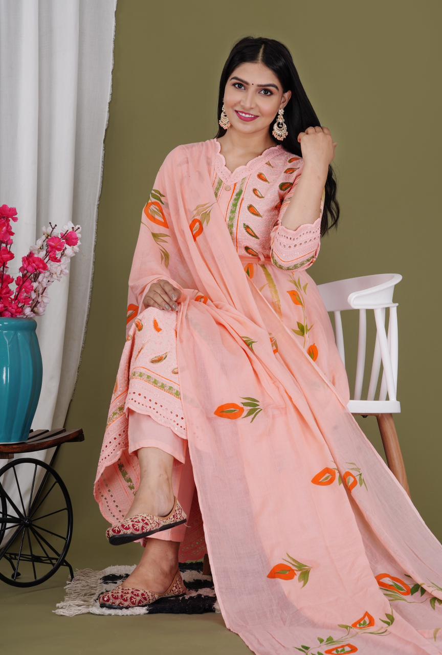 Rose Fog Sequence Embroidered Brush Printed Gown Kurta Suit Set with Mulmul Dupatta