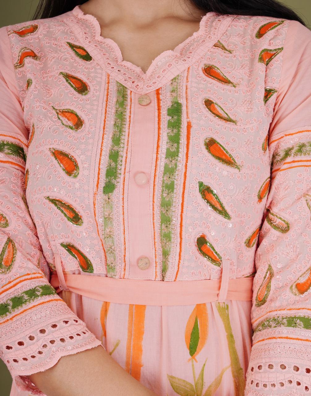 Rose Fog Sequence Embroidered Brush Printed Gown Kurta Suit Set with Mulmul Dupatta