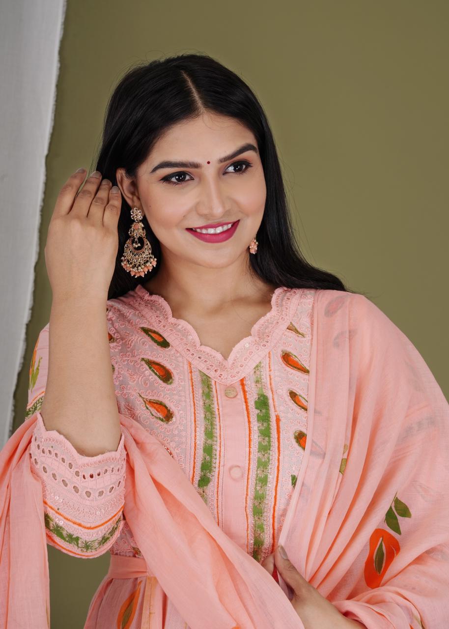 Rose Fog Sequence Embroidered Brush Printed Gown Kurta Suit Set with Mulmul Dupatta