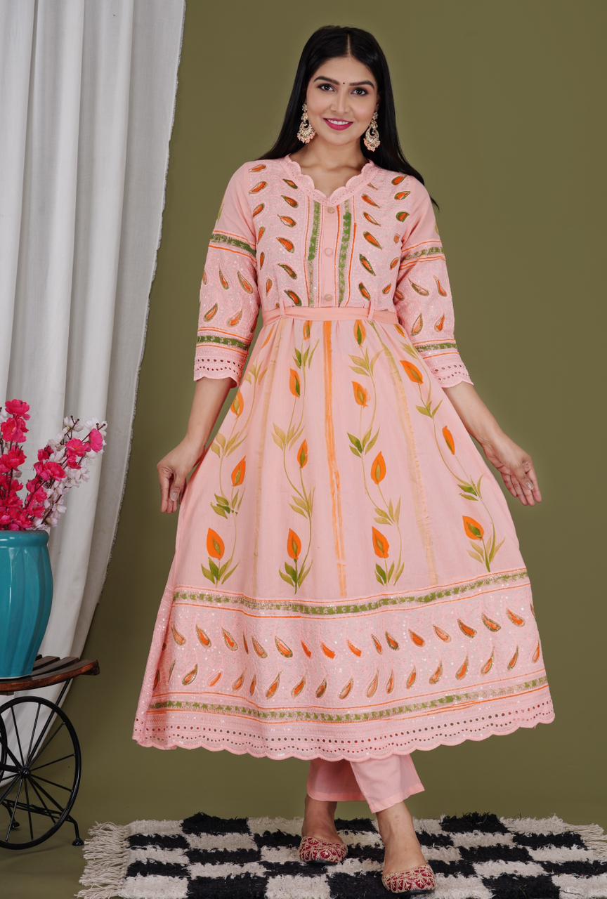 Rose Fog Sequence Embroidered Brush Printed Gown Kurta Suit Set with Mulmul Dupatta