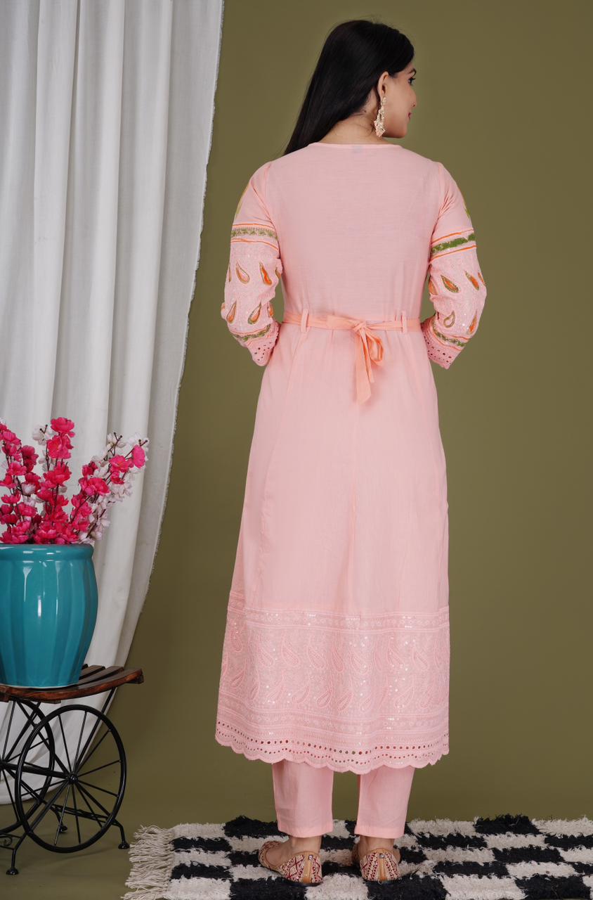 Rose Fog Sequence Embroidered Brush Printed Gown Kurta Suit Set with Mulmul Dupatta