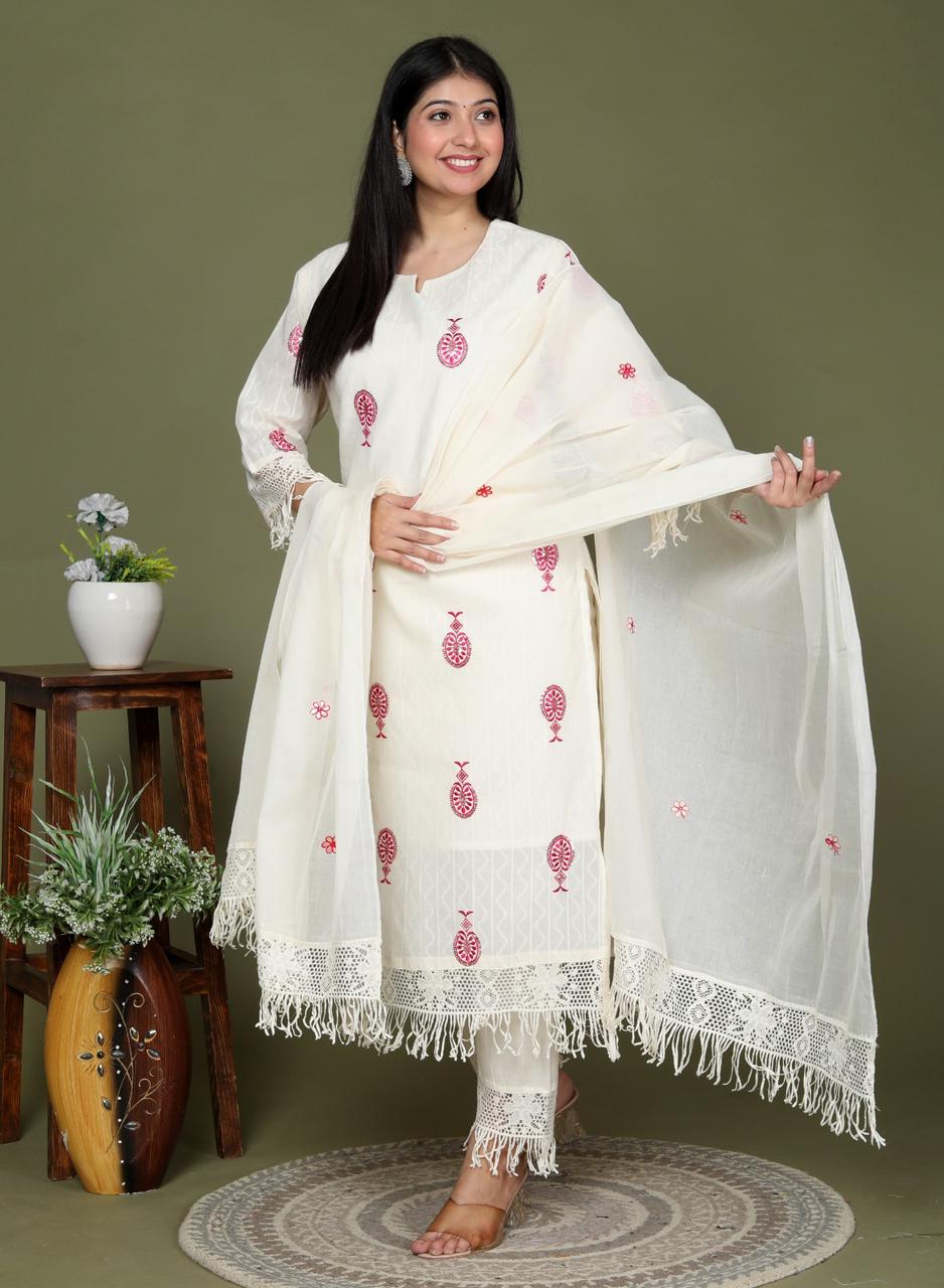 Sequence Embroidered Cotton Dobby Suit Set with Embroidered Dupatta