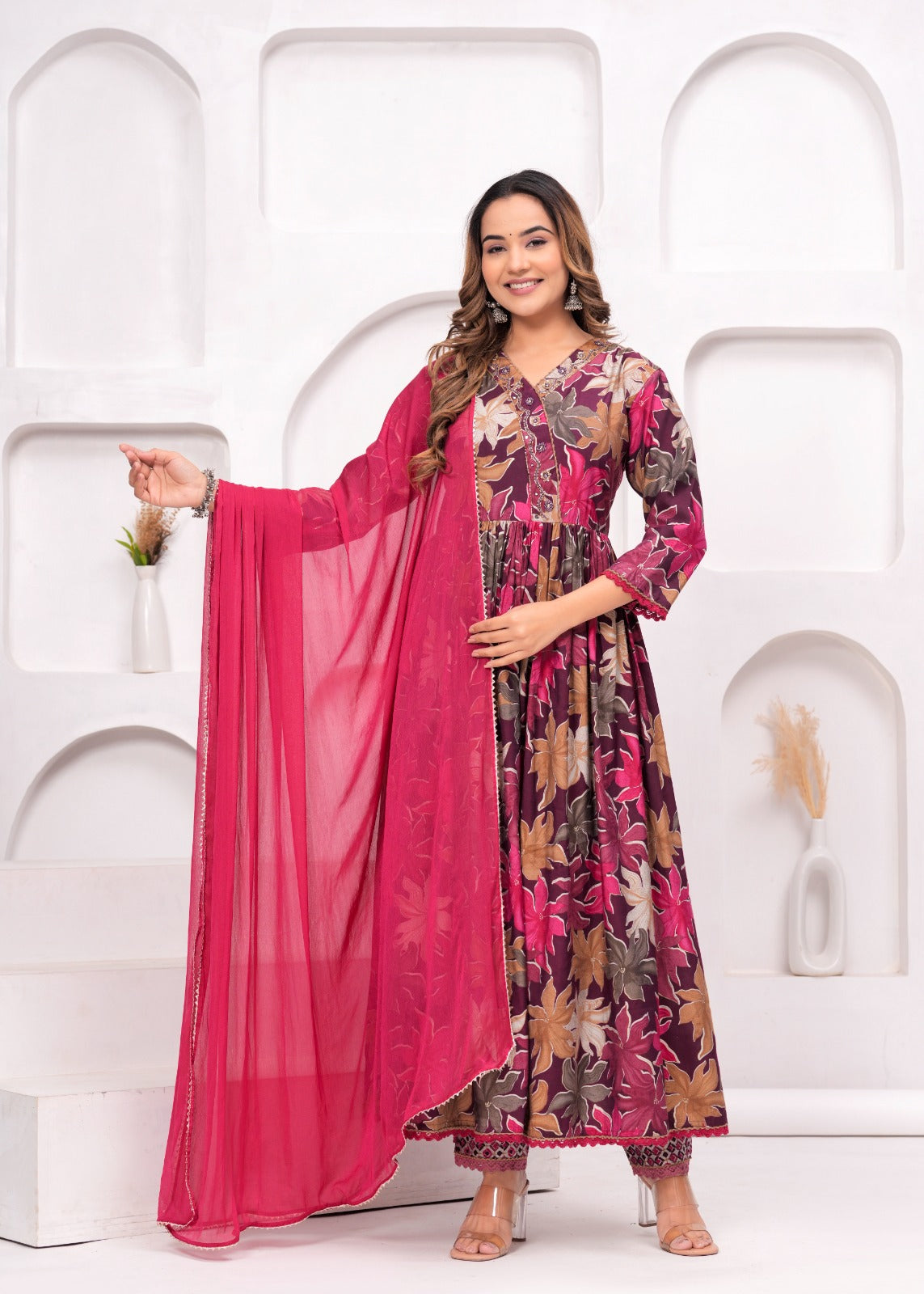 Floral Printed Muslin Anarkali Suit Set with Brick Red Georgette Dupatta
