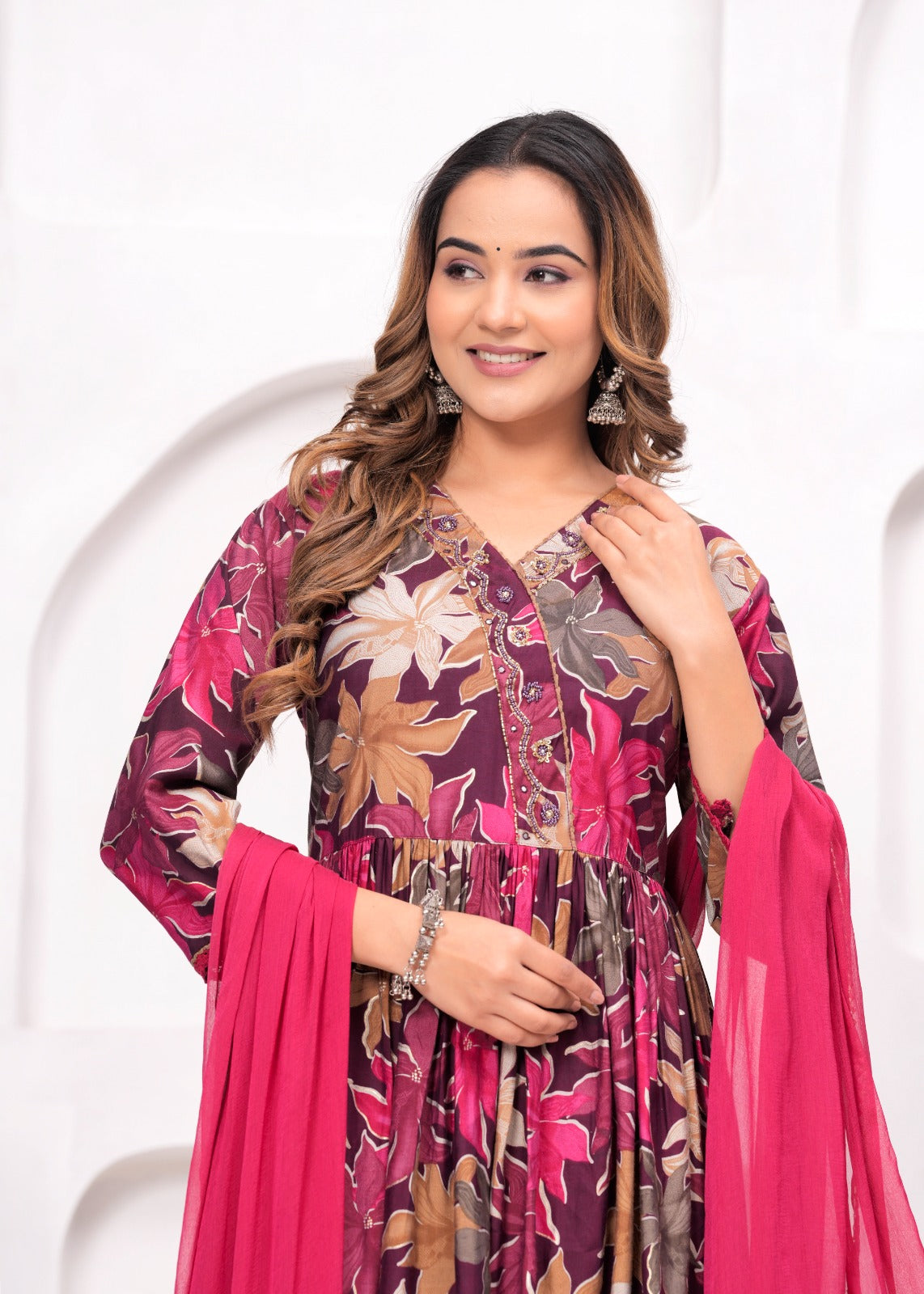 Floral Printed Muslin Anarkali Suit Set with Brick Red Georgette Dupatta