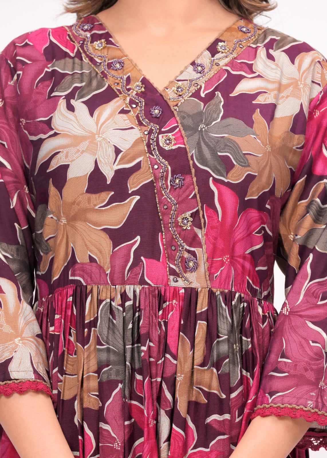 Floral Printed Muslin Anarkali Suit Set with Brick Red Georgette Dupatta