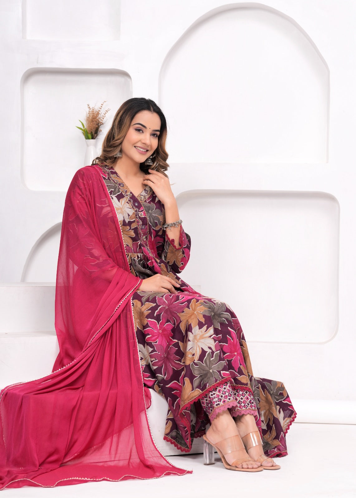 Floral Printed Muslin Anarkali Suit Set with Brick Red Georgette Dupatta