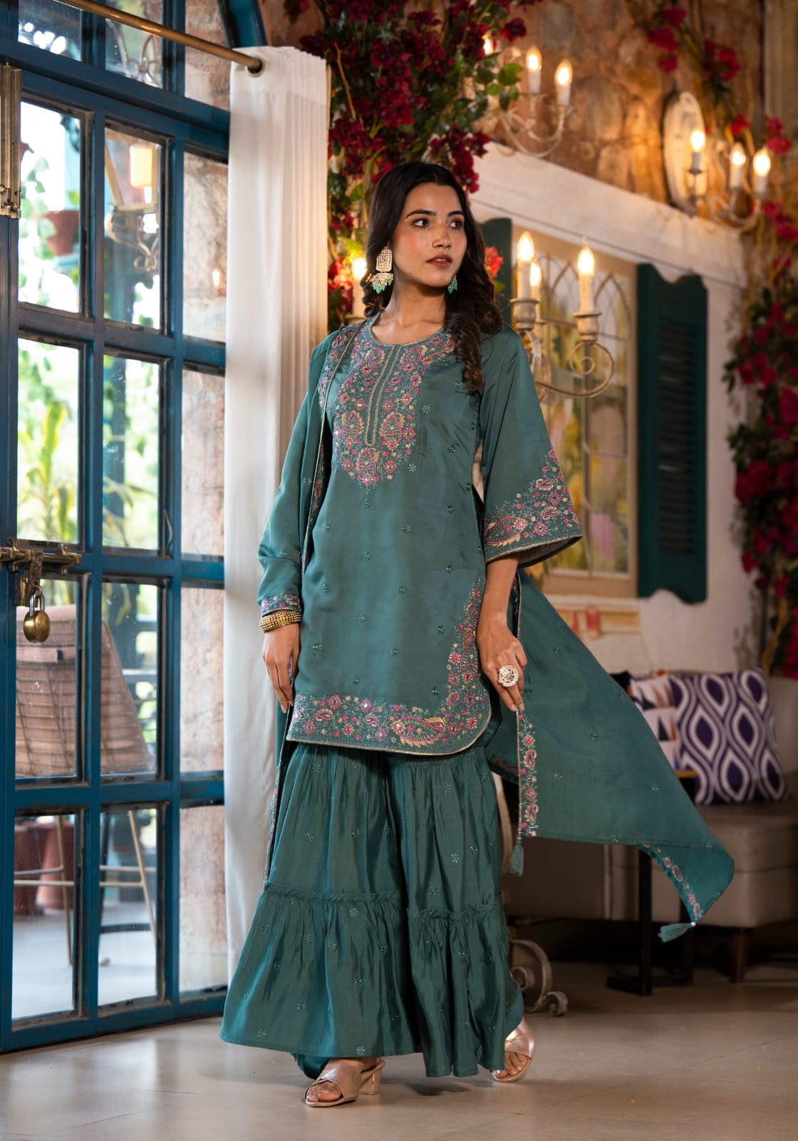 Heavy Embroidered Russian Silk Short Kurti with Sharara and Dupatta