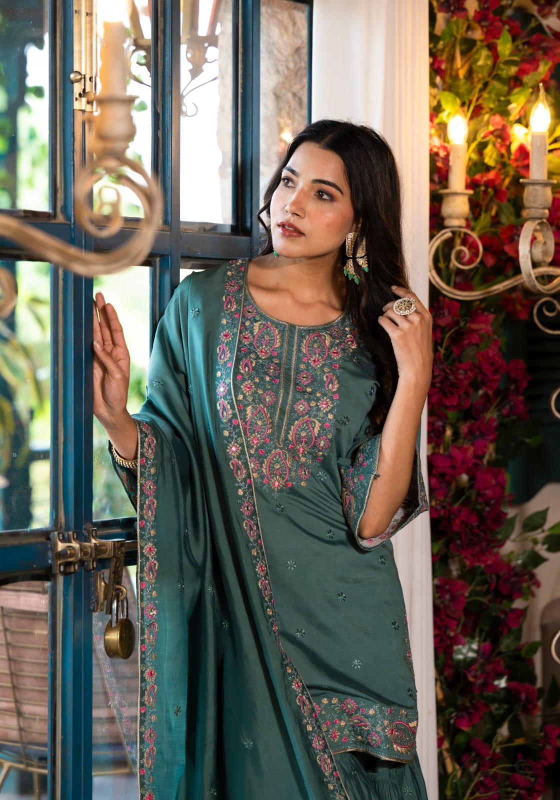 Heavy Embroidered Russian Silk Short Kurti with Sharara and Dupatta