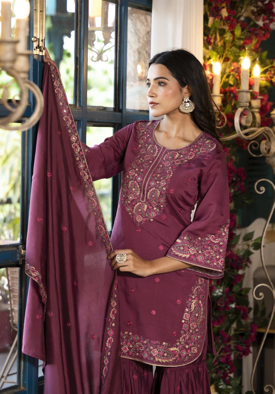 Heavy Embroidered Wine Russian Silk Short Kurti with Sharara and Dupatta