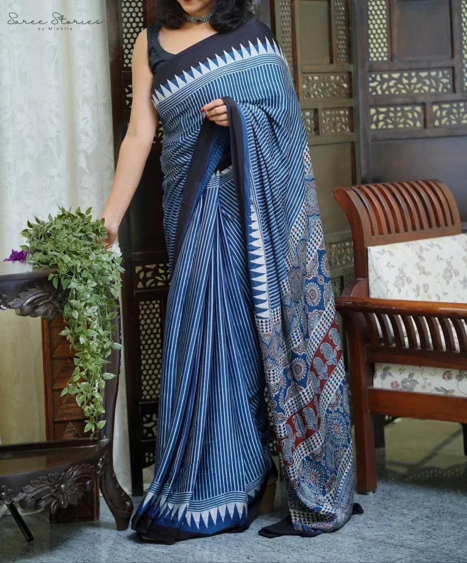 Ajrakh Print Muslin Cotton Sarees With Fumka Pallu At Wholesale Price