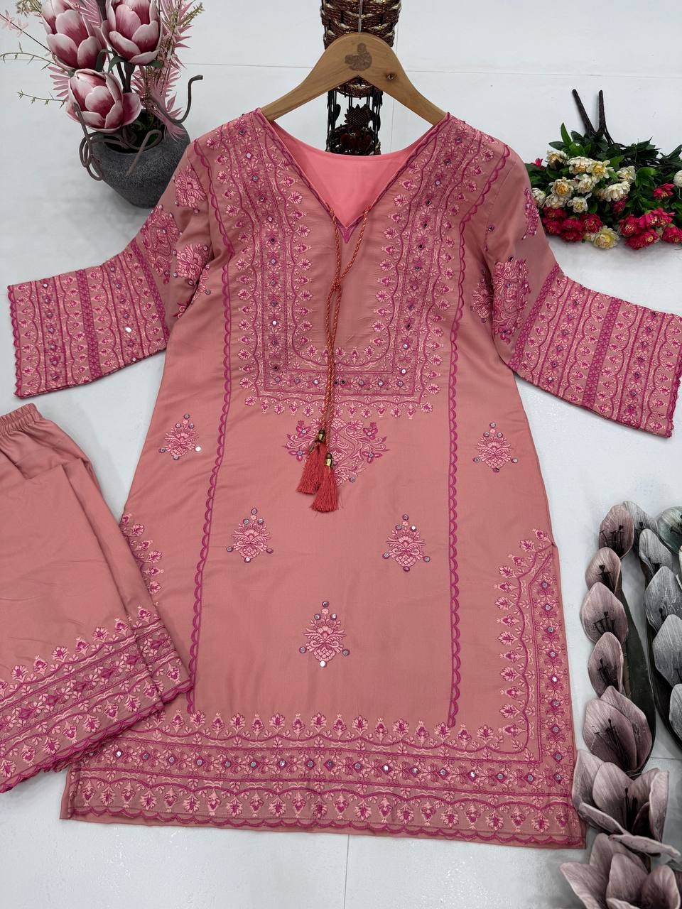 Heavy Cotton Embroidered Kurti &amp; Plazzo Set with Real Mirror Handwork