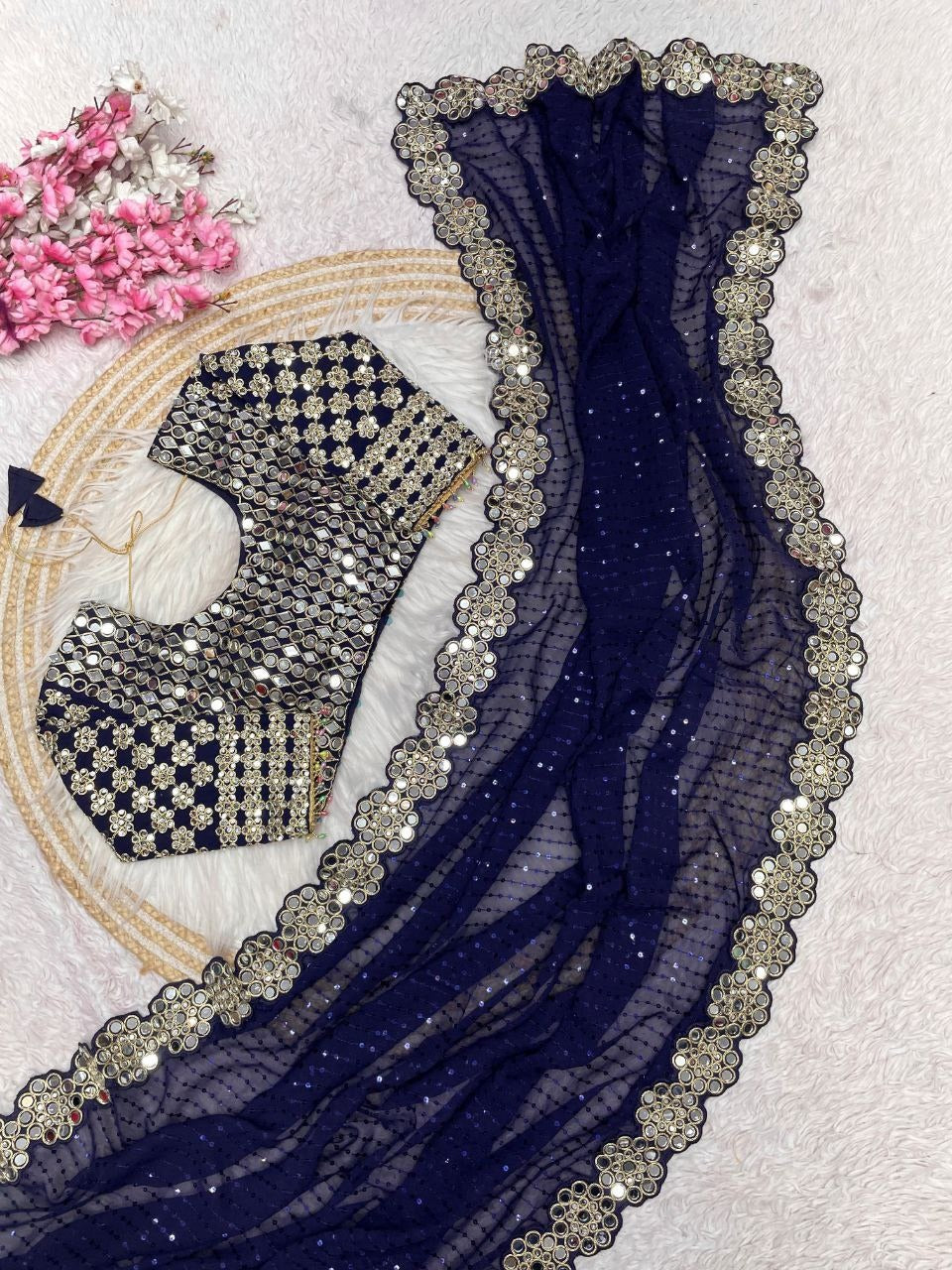 Bollywood Blockbuster Heavy Faux Georgette Saree with Original Mirror Work