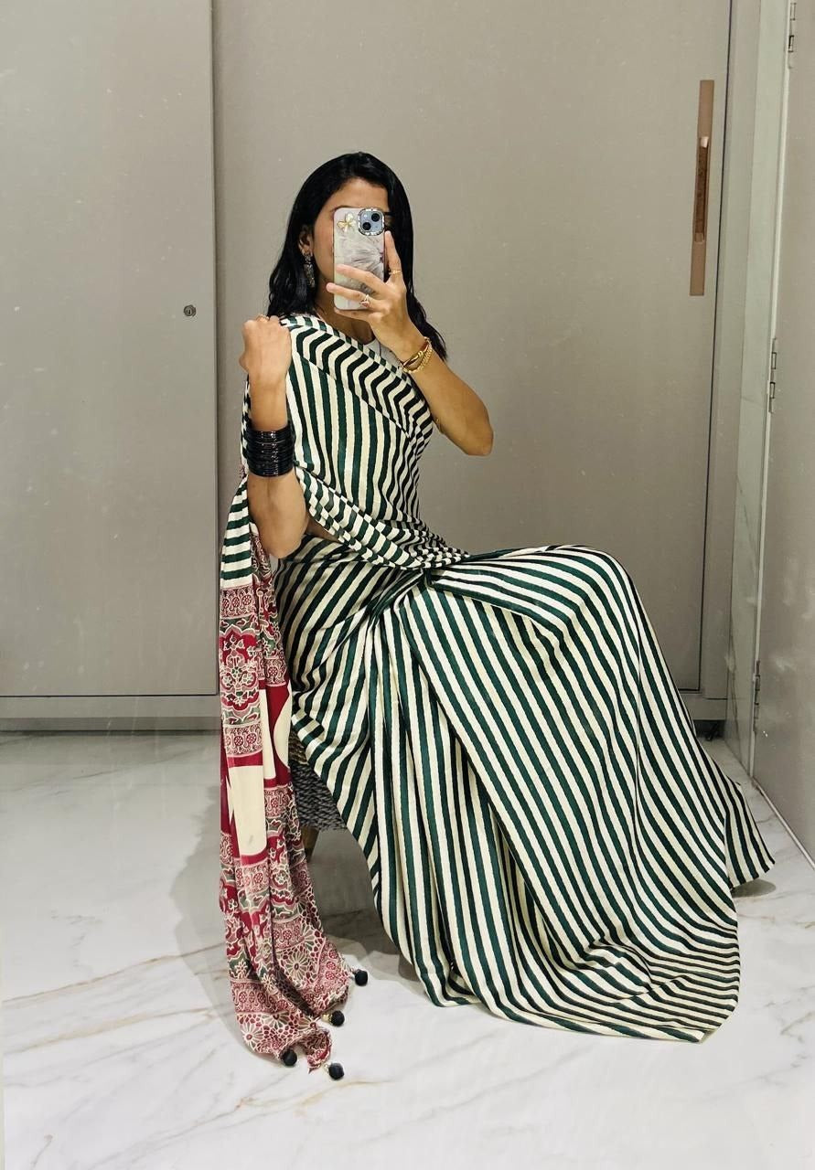 Pure Crepe Satin Ajrak Printed Saree with Rich Pallu