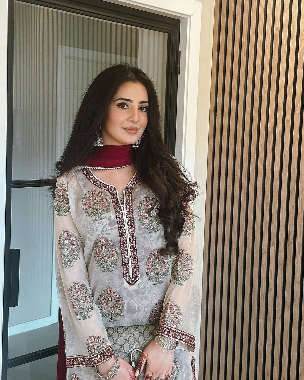 Elegant Faux Georgette Embroidered Suit Set with Digital Print Crepe Plazzo