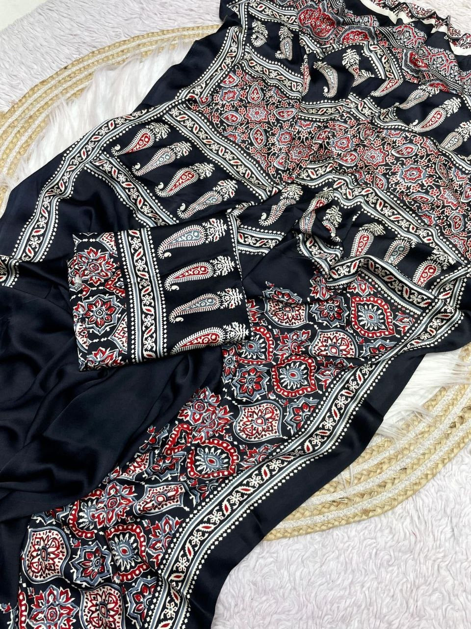 Pure Crepe Satin Ajrak Printed Saree with Rich Pallu