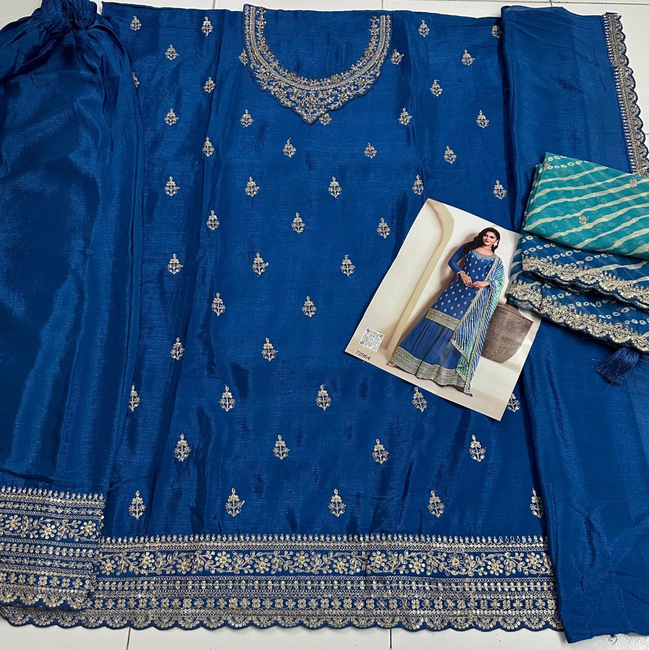 Heavy Chinon Semi-Stitched Embroidered Top &amp; Plazo Set with Dupatta