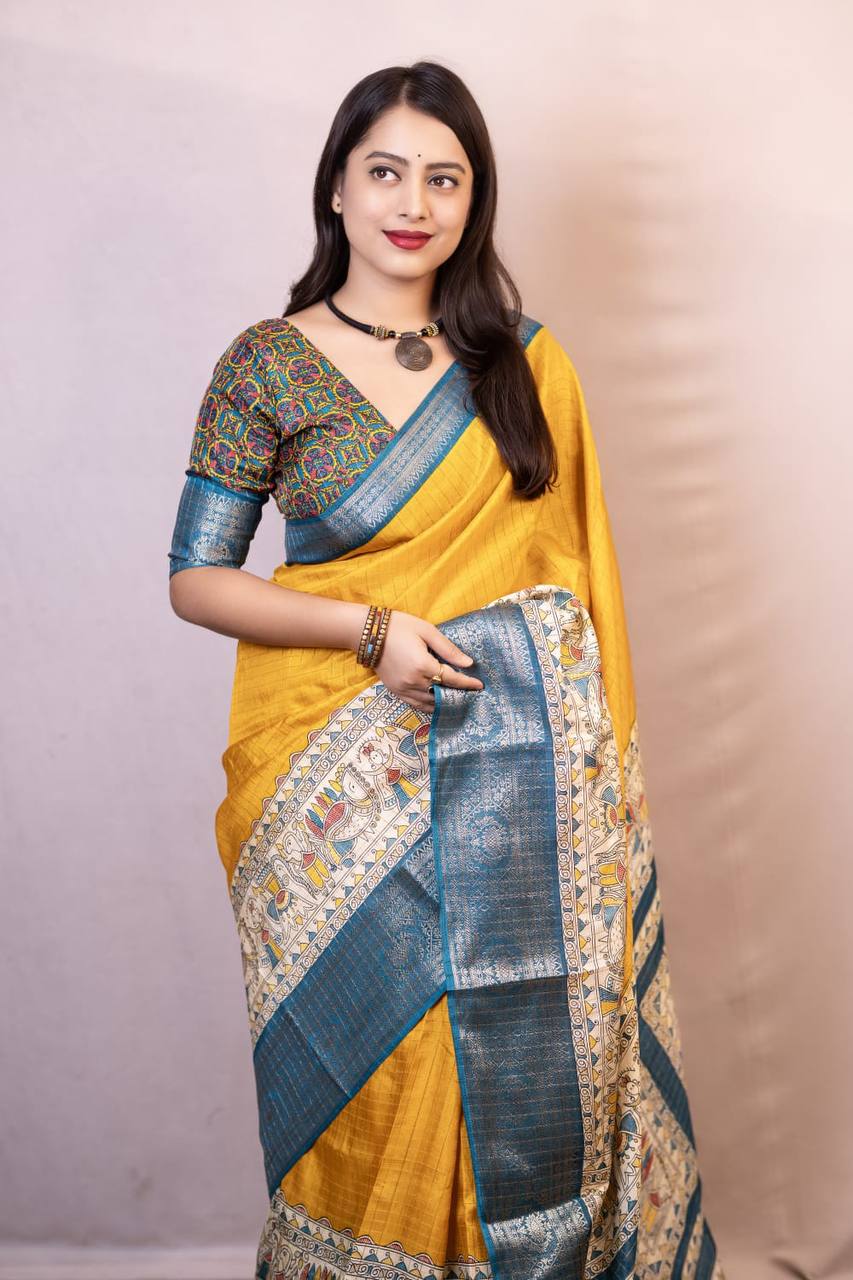 Lightweight Mangalagiri Dola Saree with Print Checks & Kalamkari Pallu