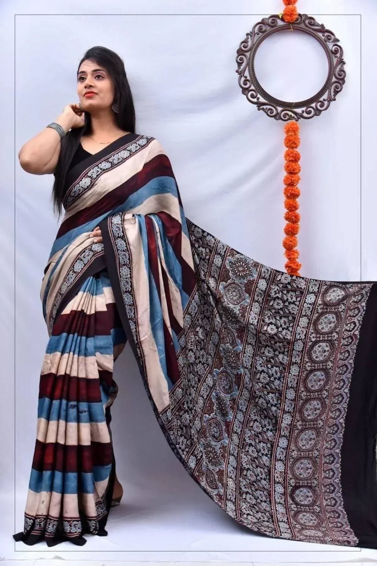 Soft Muslin Cotton Digital Print Saree With Tassel Pallu – Unstitched Blouse
