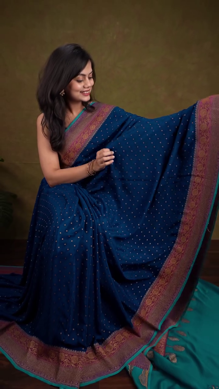 Woman wearing a blue saree with a brown border against a plain background